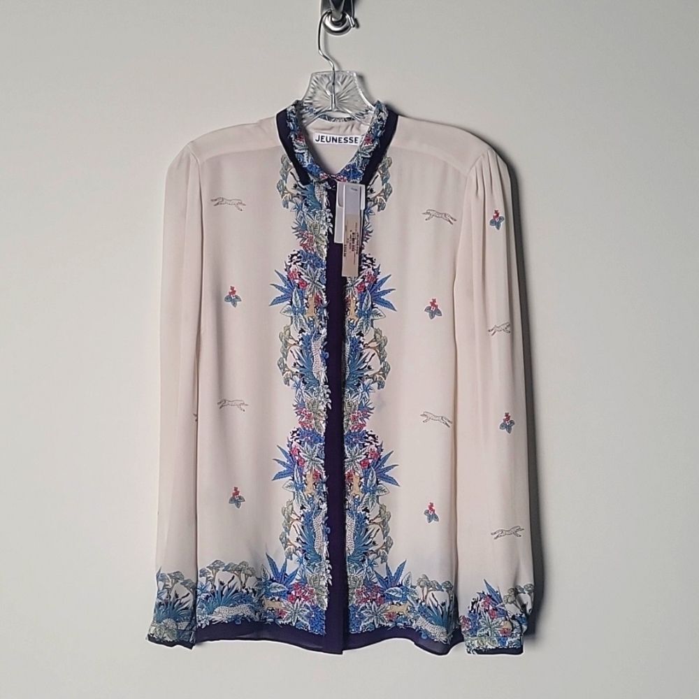 NWT Jeunesse XS Retro Printed Silk Button Front Top Blouse Modest Long Sleeve